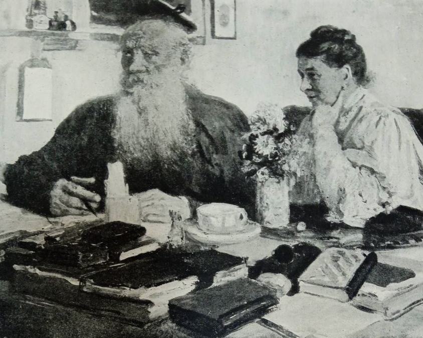 Л. Н. Толстой и С. А. Толстая. Окончательный вид портрета, после переписки головы Толстого в 1941 г. Собр. ИРЛИ